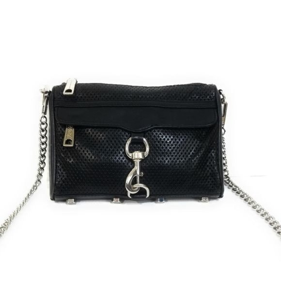 Rebecca Minkoff Mini Mac Perforated Leather Crossbody Bag in Black / Silver - Picture 2 of 13